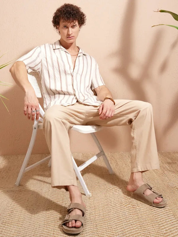 Stylish Men’s Cream Striped Relaxed Fit Casual Shirt with Modern Stripe Pattern and Soft Fabric