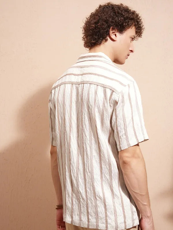 Stylish Men’s Cream Striped Relaxed Fit Casual Shirt with Modern Stripe Pattern and Soft Fabric