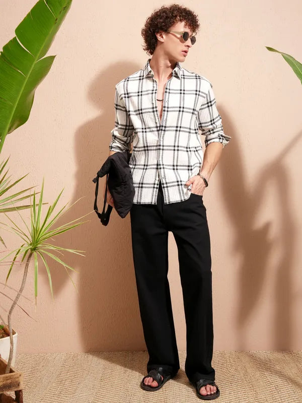 Men’s Cream Checked Relaxed Fit Casual Shirt Ideal for Daily Wear and Urban Style