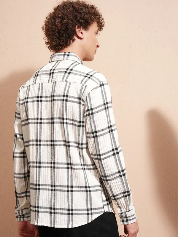 Men’s Cream Checked Relaxed Fit Casual Shirt Ideal for Daily Wear and Urban Style