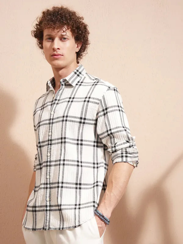 Men’s Cream Checked Relaxed Fit Casual Shirt Ideal for Daily Wear and Urban Style