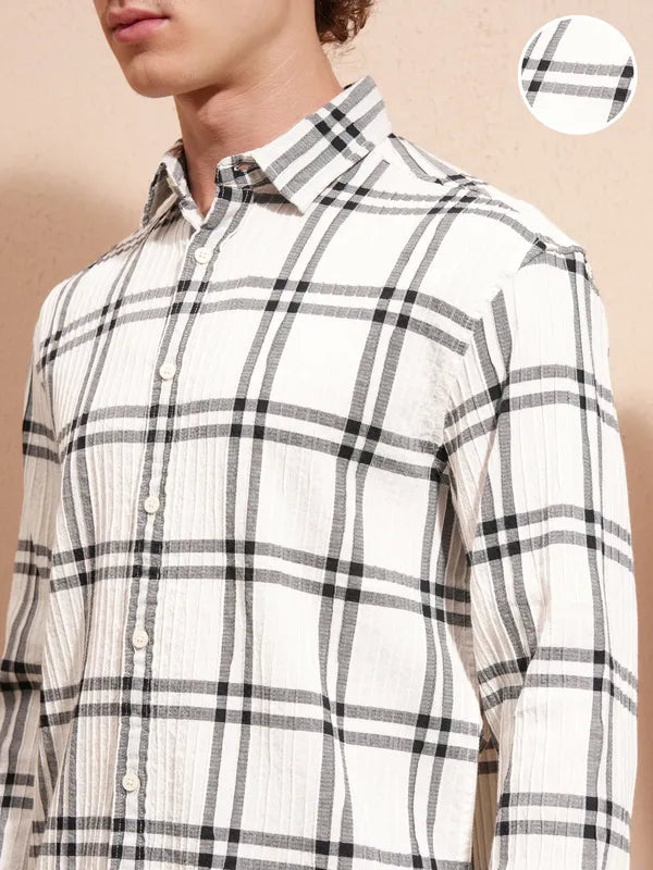Men’s Cream Checked Relaxed Fit Casual Shirt Ideal for Daily Wear and Urban Style