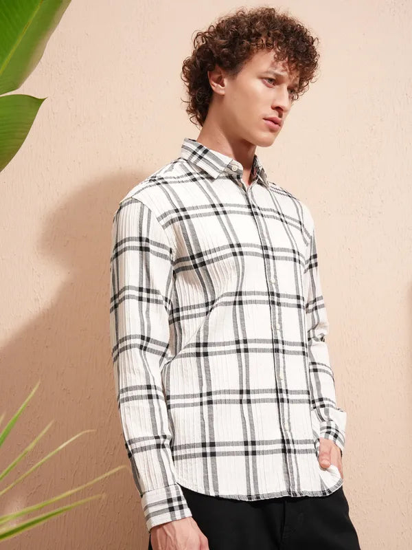 Men’s Cream Checked Relaxed Fit Casual Shirt Ideal for Daily Wear and Urban Style
