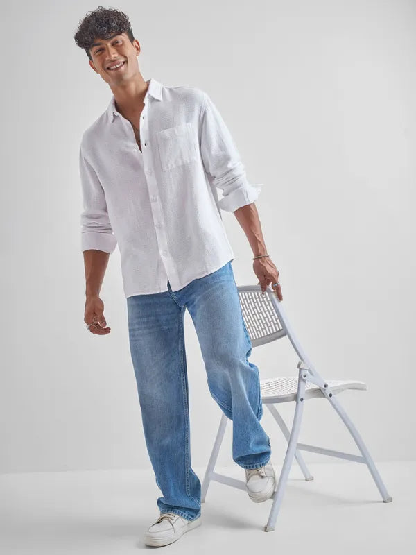 Trendy Men’s White Self Design Relaxed Fit Casual Shirt for Comfortable Everyday Wear