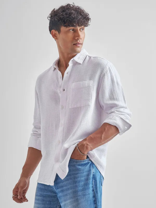 Trendy Men’s White Self Design Relaxed Fit Casual Shirt for Comfortable Everyday Wear