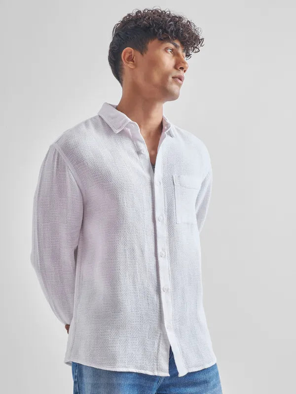 Trendy Men’s White Self Design Relaxed Fit Casual Shirt for Comfortable Everyday Wear