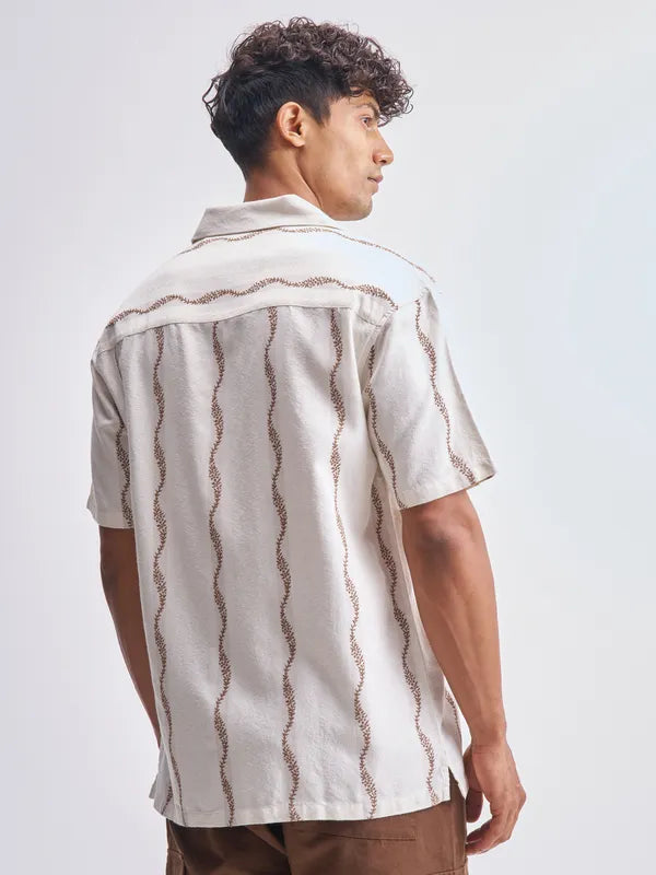 Men’s Cream Embroidered Relaxed Fit Casual Shirt