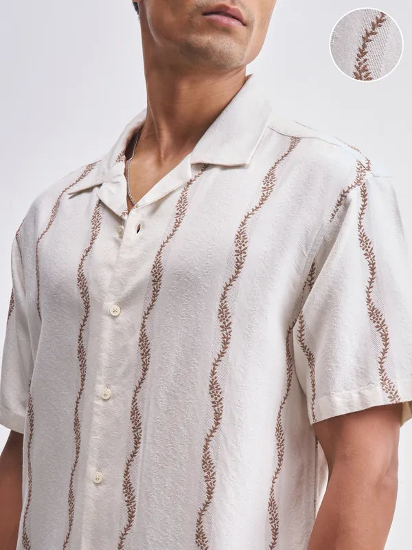 Men’s Cream Embroidered Relaxed Fit Casual Shirt