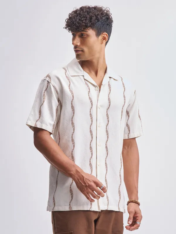 Men’s Cream Embroidered Relaxed Fit Casual Shirt