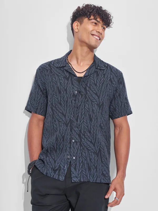 Premium Men’s Navy Blue Printed Relaxed Fit Casual Shirt