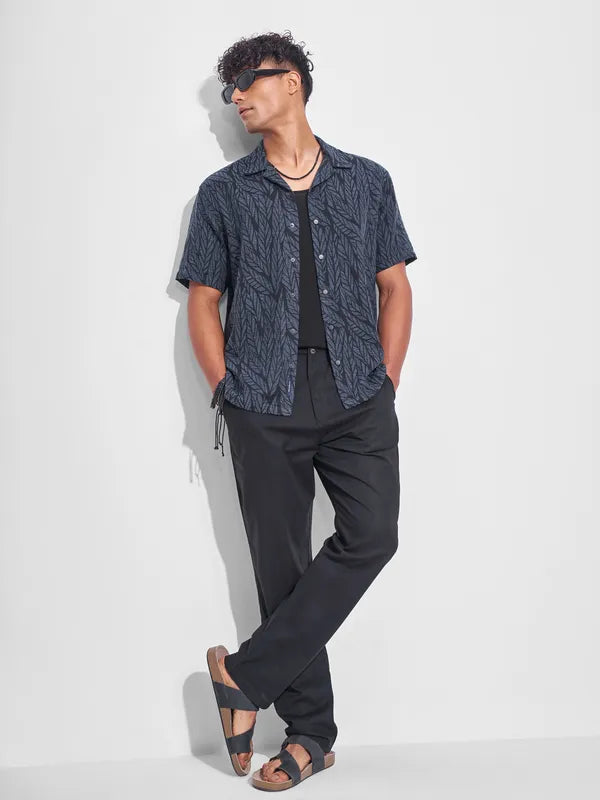 Premium Men’s Navy Blue Printed Relaxed Fit Casual Shirt