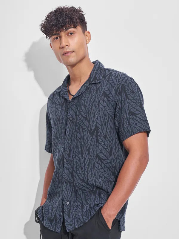 Premium Men’s Navy Blue Printed Relaxed Fit Casual Shirt