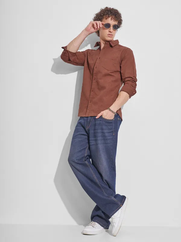 Trendy Men’s Brown Self Design Slim Fit Casual Shirt for Stylish Everyday Wear