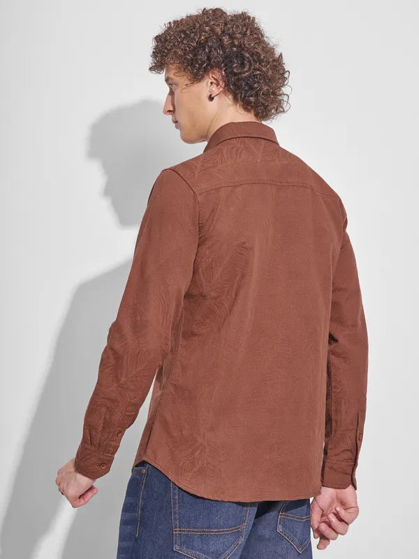 Trendy Men’s Brown Self Design Slim Fit Casual Shirt for Stylish Everyday Wear