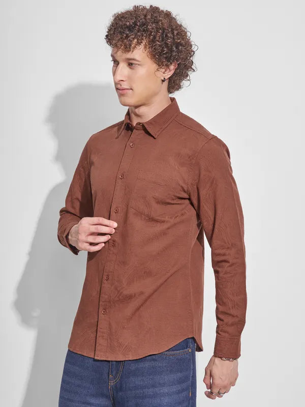 Trendy Men’s Brown Self Design Slim Fit Casual Shirt for Stylish Everyday Wear