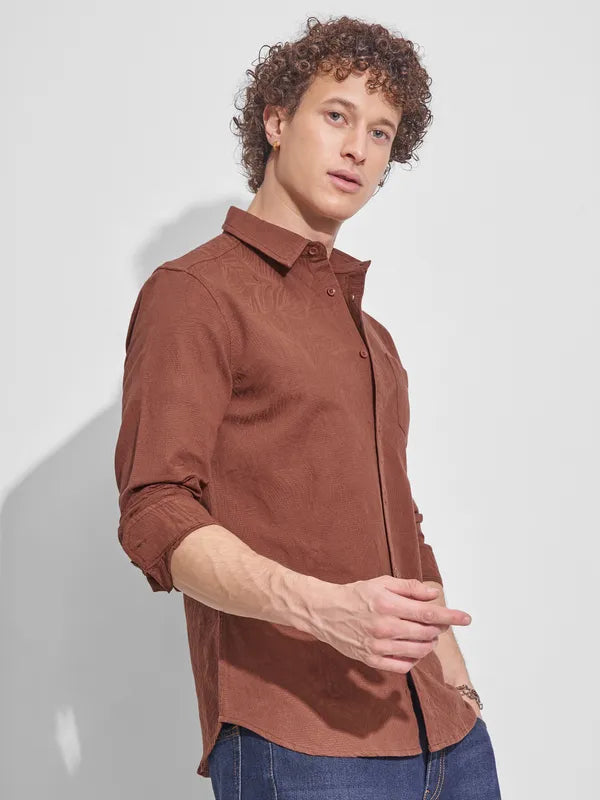 Trendy Men’s Brown Self Design Slim Fit Casual Shirt for Stylish Everyday Wear
