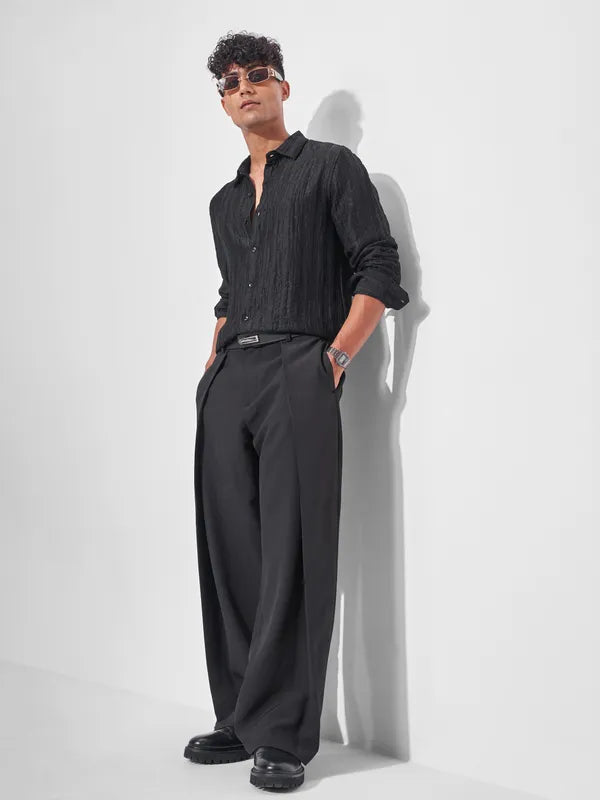 Stylish Men’s Black Self Design Oversized Fit Casual Shirt with Modern Pattern and Soft Fabric