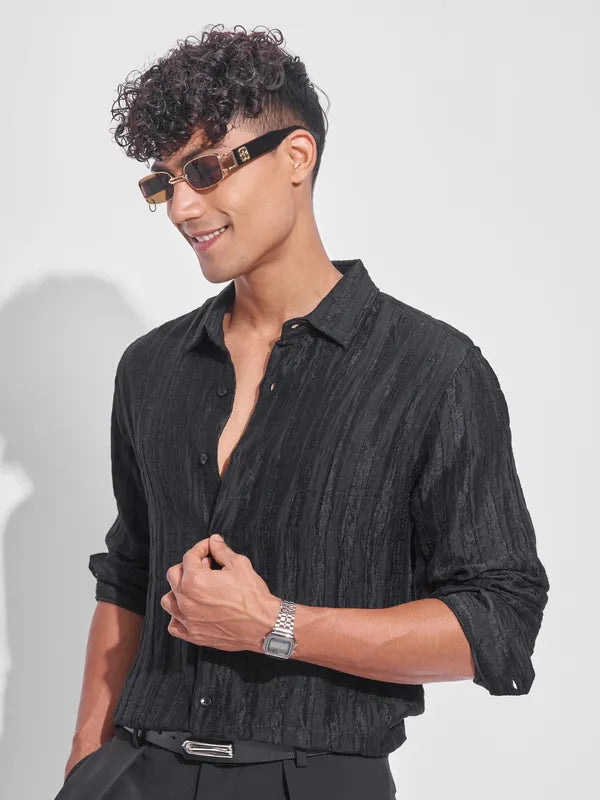 Stylish Men’s Black Self Design Oversized Fit Casual Shirt with Modern Pattern and Soft Fabric