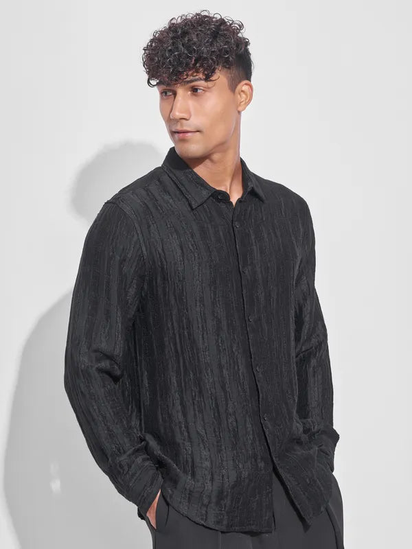 Stylish Men’s Black Self Design Oversized Fit Casual Shirt with Modern Pattern and Soft Fabric