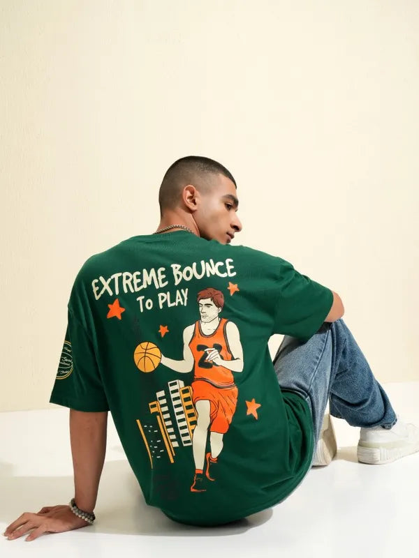 Men Green Printed Round Neck Oversized Fit T-Shirt