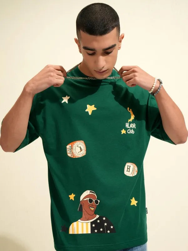 Men Green Printed Round Neck Oversized Fit T-Shirt