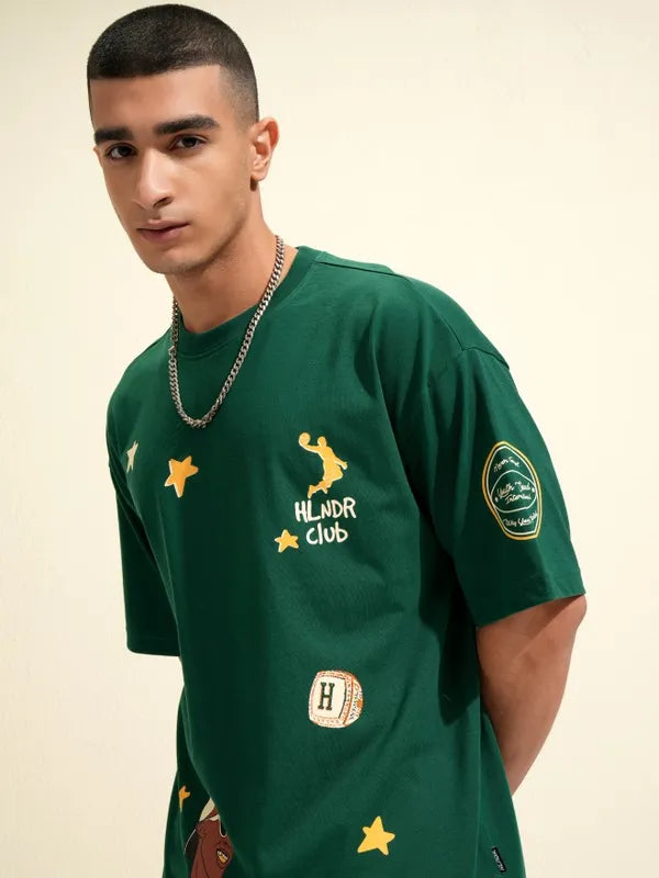 Men Green Printed Round Neck Oversized Fit T-Shirt