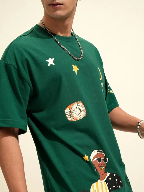 Men Green Printed Round Neck Oversized Fit T-Shirt