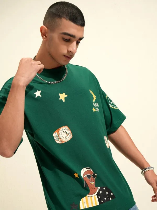Men Green Printed Round Neck Oversized Fit T-Shirt