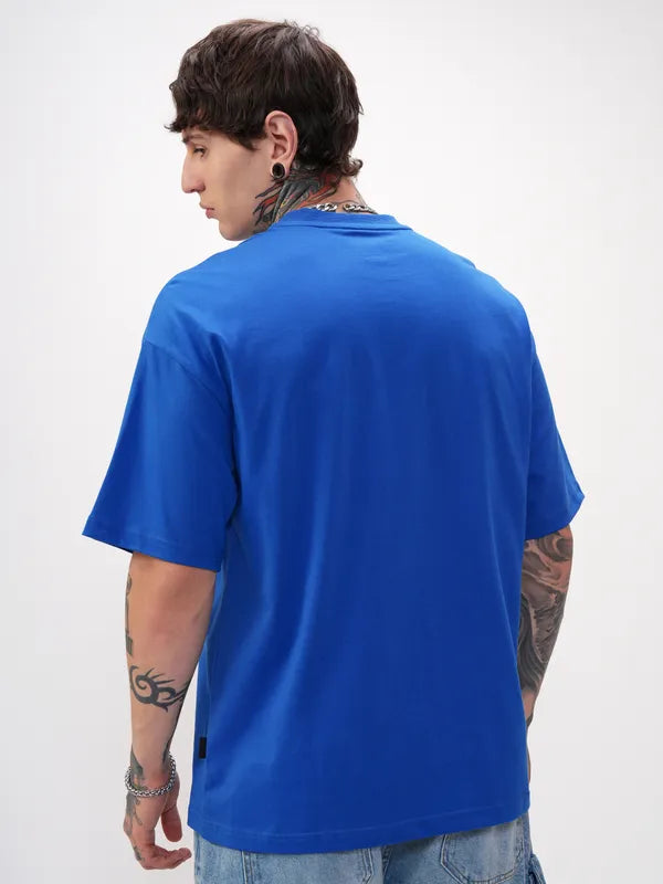 Men Blue Printed Round Neck Oversized Fit T-Shirt