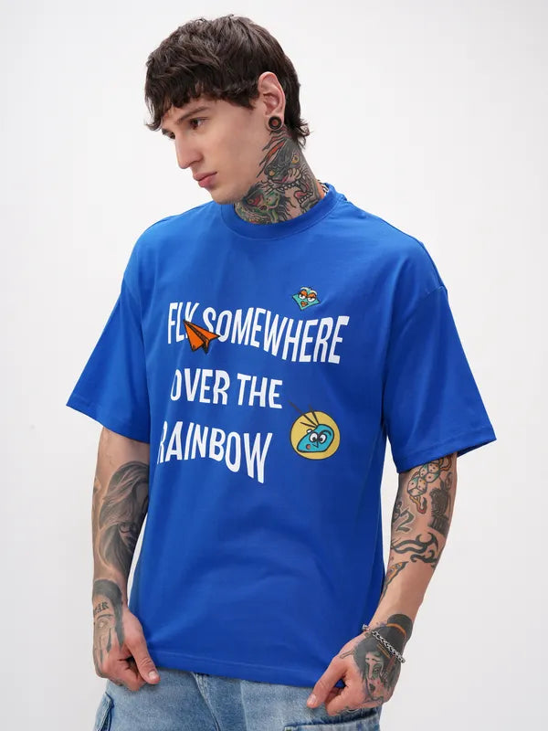 Men Blue Printed Round Neck Oversized Fit T-Shirt