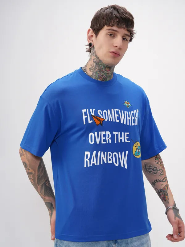 Men Blue Printed Round Neck Oversized Fit T-Shirt