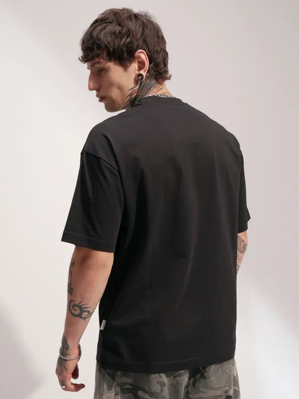 Black Printed Round Neck Oversized Fit T-Shirt