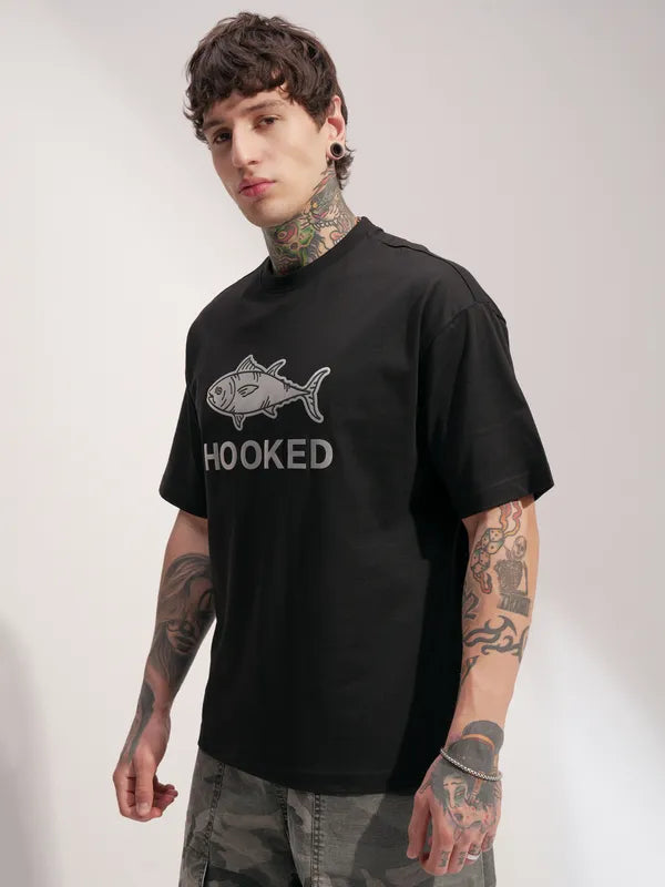 Black Printed Round Neck Oversized Fit T-Shirt
