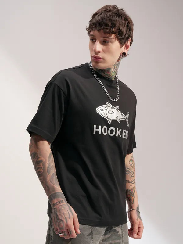 Black Printed Round Neck Oversized Fit T-Shirt