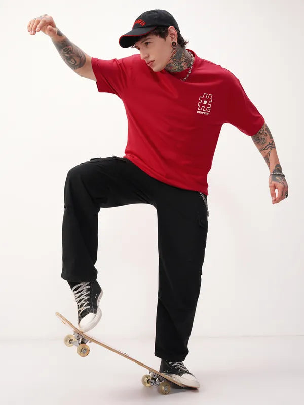 Red Printed Round Neck Oversized Fit T-Shirt
