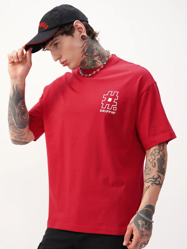 Red Printed Round Neck Oversized Fit T-Shirt