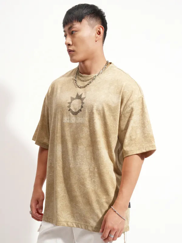 Khaki Rick And Morty Printed Round Neck Oversized Fit T-Shirt