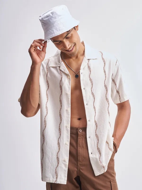Men’s Cream Embroidered Relaxed Fit Casual Shirt