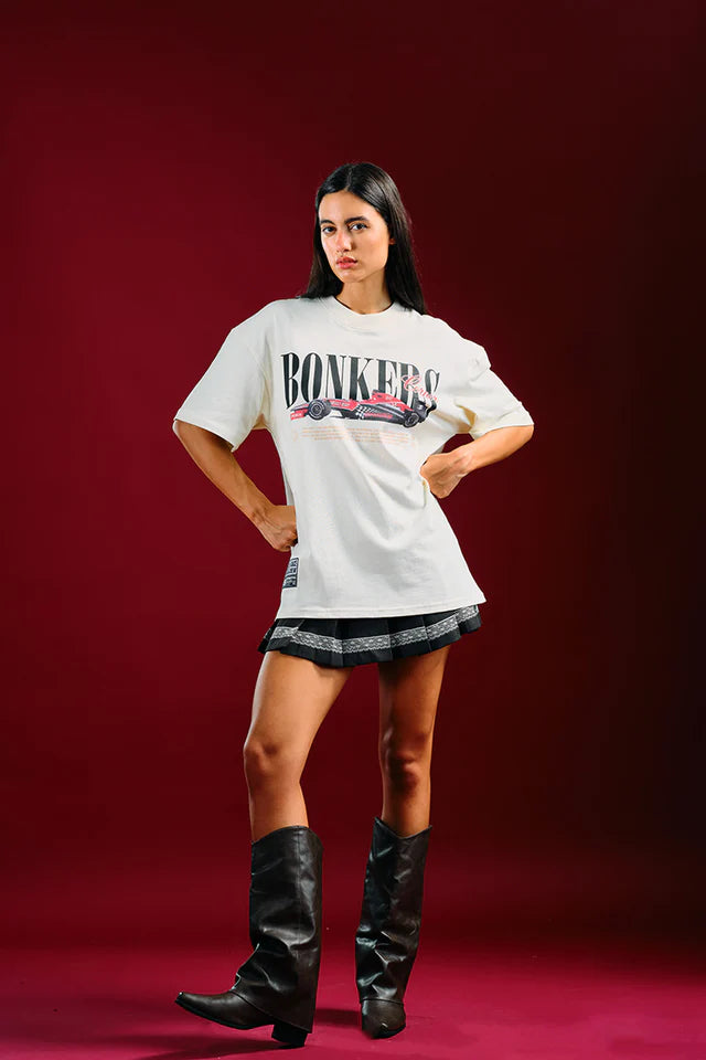 Need for Speed White Oversized T-Shirt for Women with Bold Graphic Print and Relaxed Fit