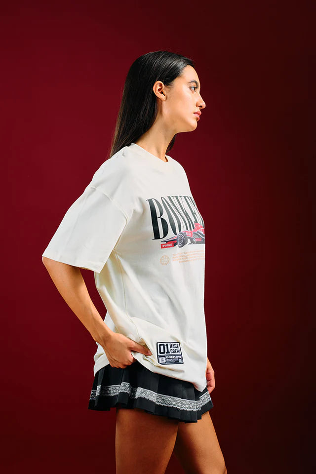 Need for Speed White Oversized T-Shirt for Women with Bold Graphic Print and Relaxed Fit