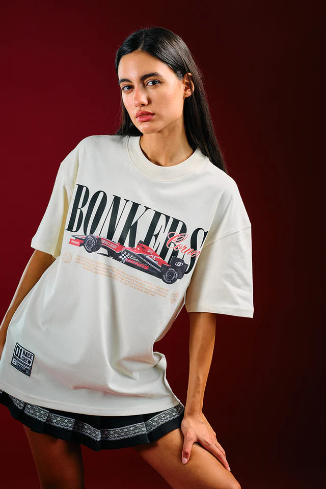 Need for Speed White Oversized T-Shirt for Women with Bold Graphic Print and Relaxed Fit