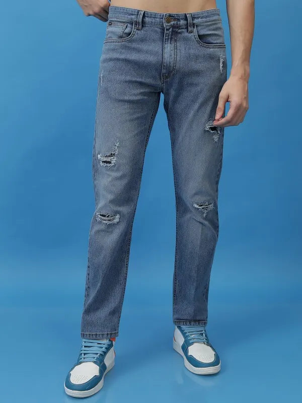 Premium Men’s Light Blue Straight Fit Highly Distressed Stretchable Jeans for Casual and Street Style Outfits