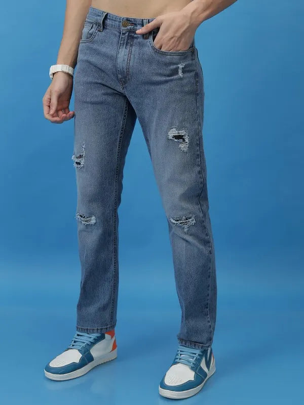 Premium Men’s Light Blue Straight Fit Highly Distressed Stretchable Jeans for Casual and Street Style Outfits