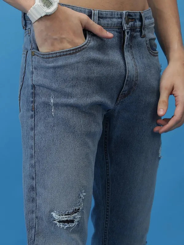 Premium Men’s Light Blue Straight Fit Highly Distressed Stretchable Jeans for Casual and Street Style Outfits