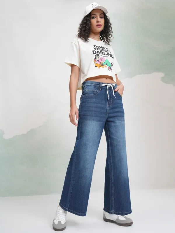 Comfortable Women’s Blue Stretchable Wide Leg Jeans with Relaxed Everyday Fit
