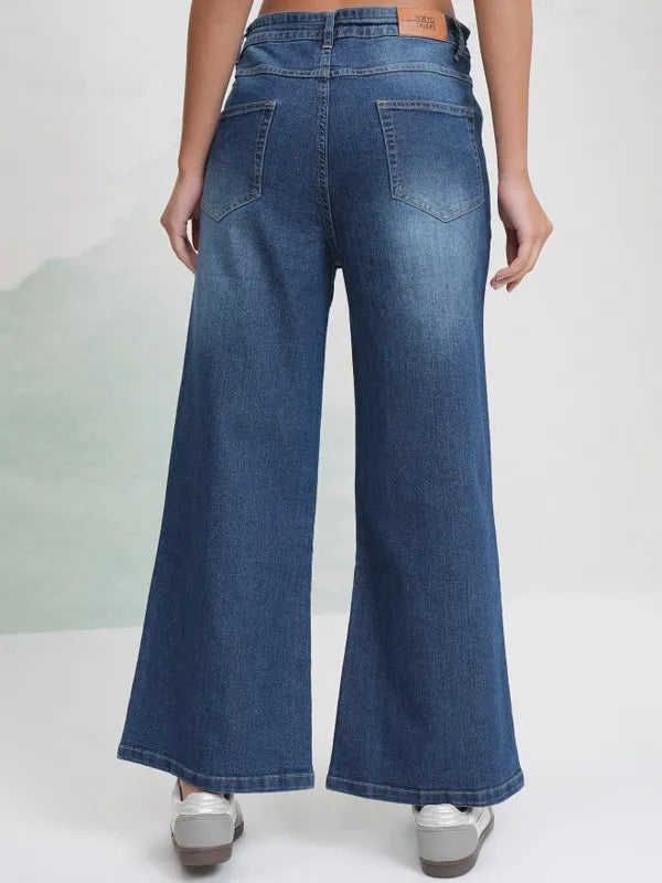 Comfortable Women’s Blue Stretchable Wide Leg Jeans with Relaxed Everyday Fit