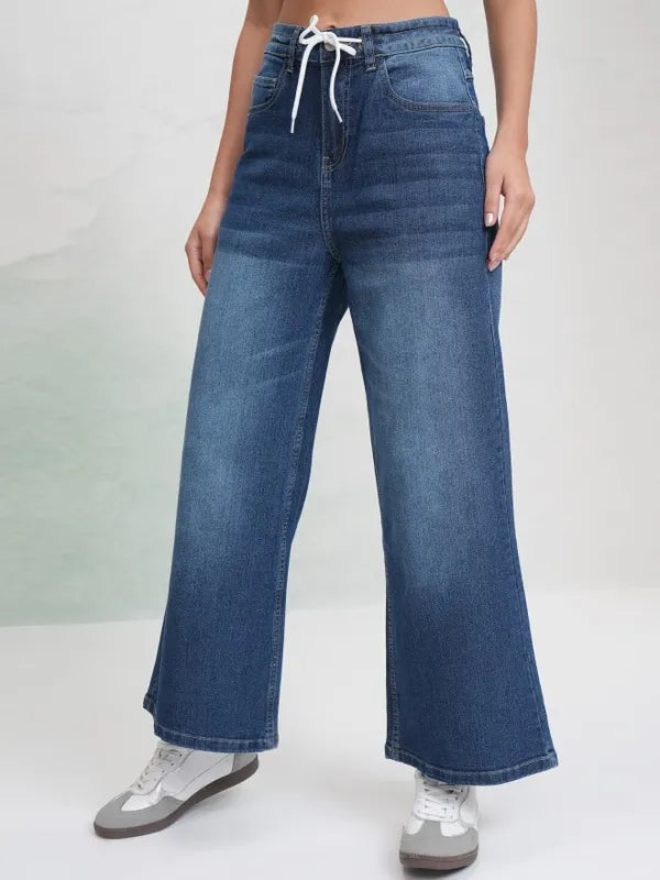 Comfortable Women’s Blue Stretchable Wide Leg Jeans with Relaxed Everyday Fit