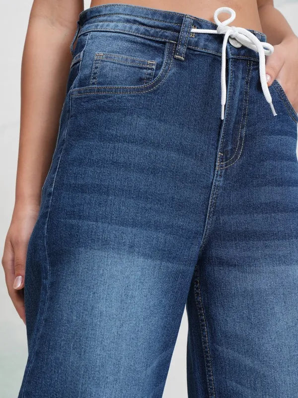Comfortable Women’s Blue Stretchable Wide Leg Jeans with Relaxed Everyday Fit