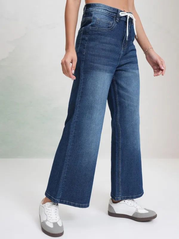 Comfortable Women’s Blue Stretchable Wide Leg Jeans with Relaxed Everyday Fit