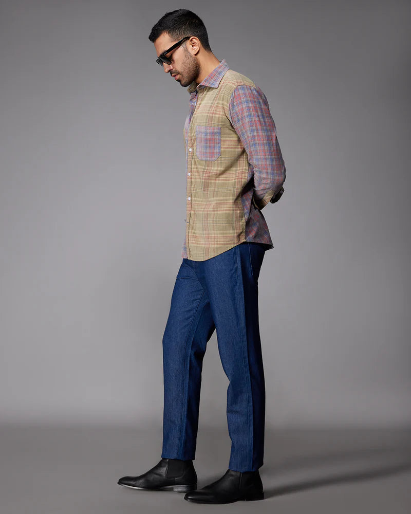 Stylish Men’s Red & Grey Corduroy Cut & Sew Checked Shirt with Modern Pattern and Soft Fabric